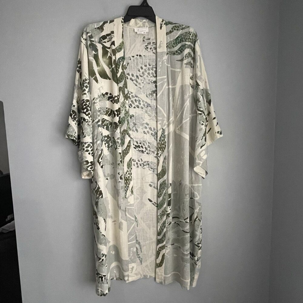 Anthropologie Kimono Duster One Size Open Front Linen Blend Cream Green Print